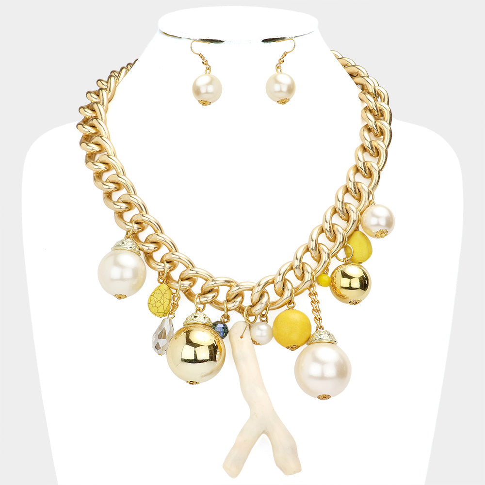 Yellow Natural Stone Metal Ball Pearl Coral Link Statement Necklace