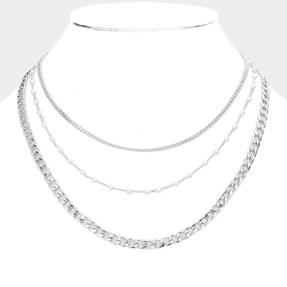 Tiny Pearl Metal Chain Link Triple Layered Bib Necklace