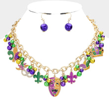 Load image into Gallery viewer, Gold Mardi Gras Enamel Fleur de Lis Mask Hat Pendant Station Necklace
