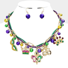 Load image into Gallery viewer, Gold Mardi Gras Fleur de Lis Mask Crown Pendant Thread Station Necklace
