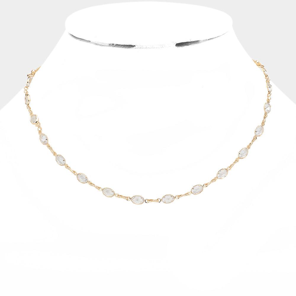 Gold Oval Stone Link Stone Collar Necklace