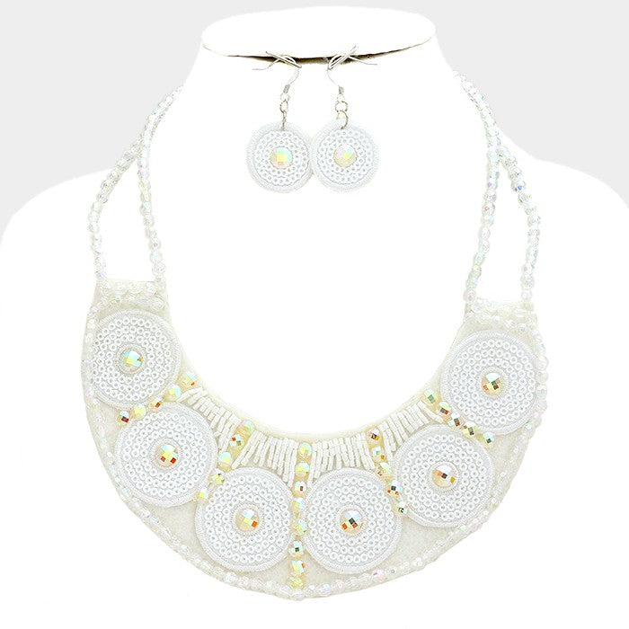 White Felt back glass bead & sequin necklace