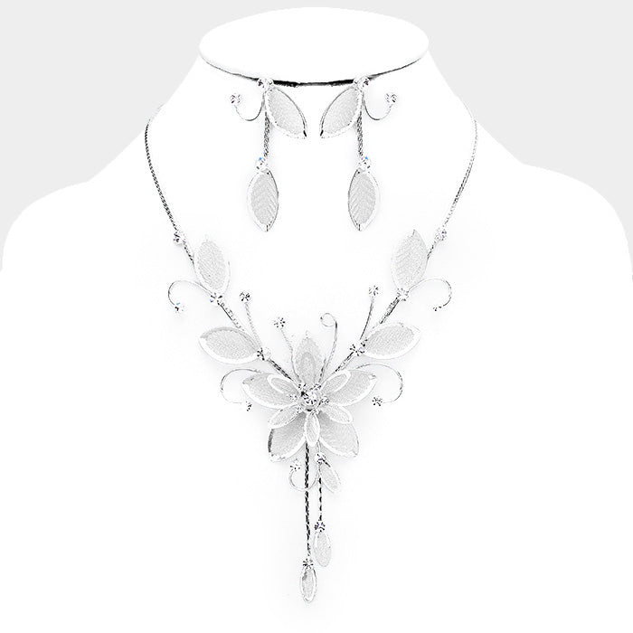 Silver Stone Mesh Flower Leaf Bib Necklace