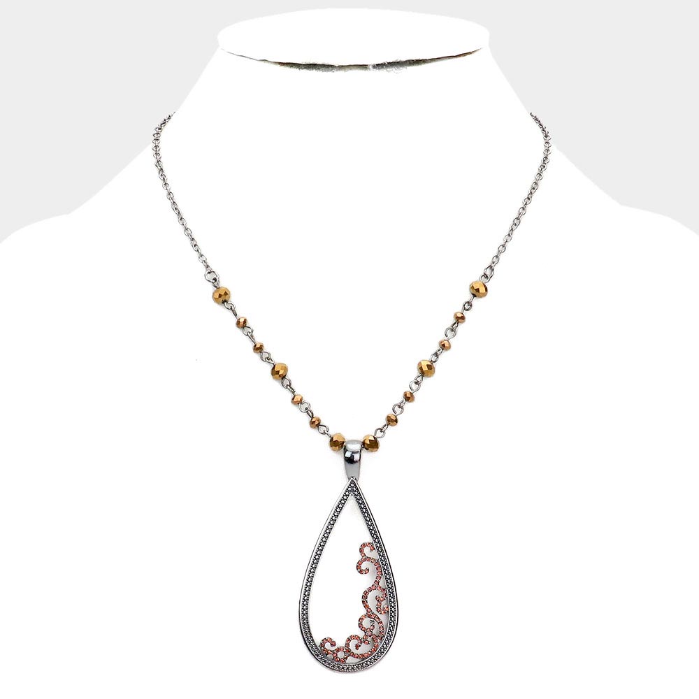 Hematite Rhinestone Embellished Open Metal Teardrop Pendant Necklace