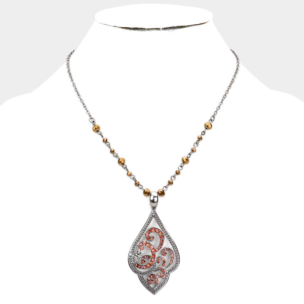 Hematite Rhinestone Embellished Metal Petal Pendant Necklace