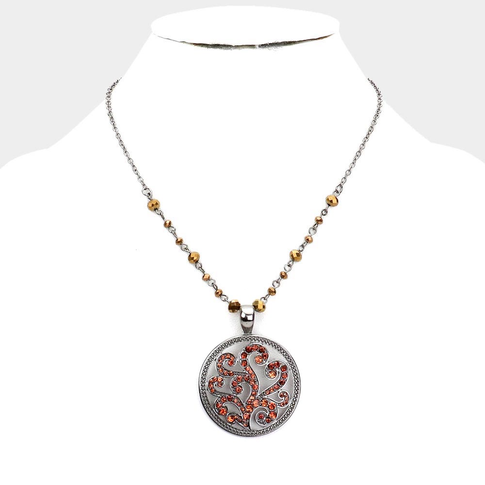Hematite Rhinestone Embellished Metal Round Pendant Necklace