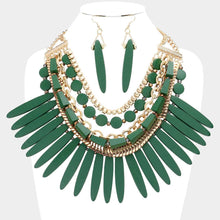 Load image into Gallery viewer, Green Wooden Spike Accented Metal Chain Layered Bib Necklace
