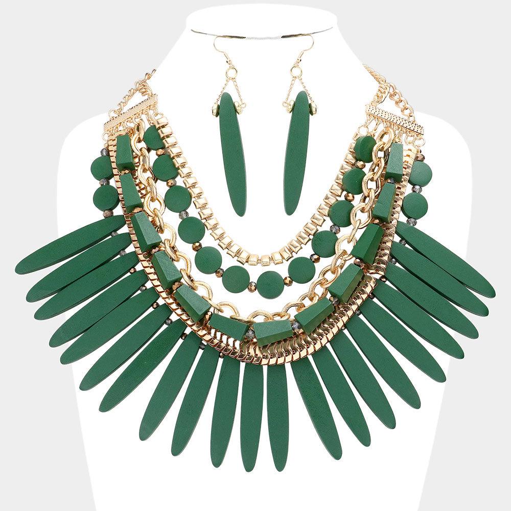 Green Wooden Spike Accented Metal Chain Layered Bib Necklace