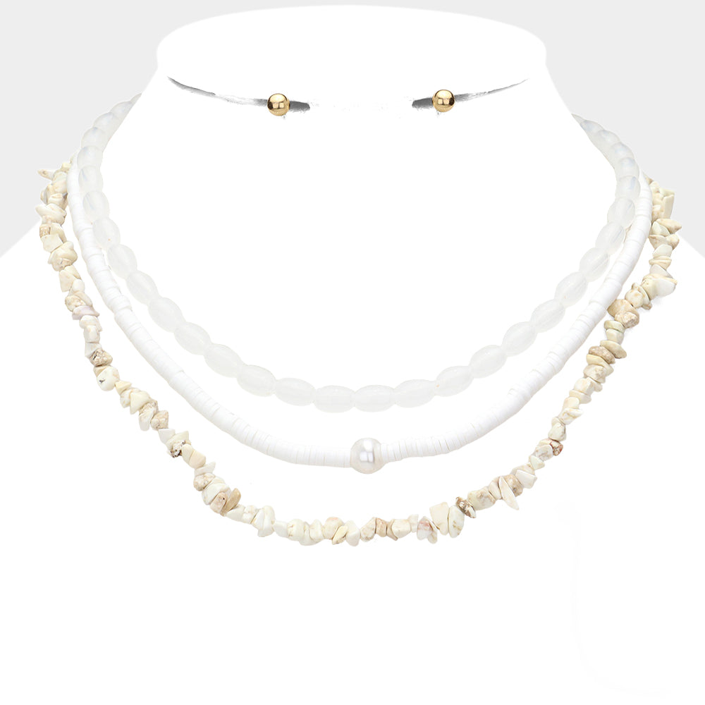 White Natural Stone Oval Heishi Beaded Triple Layered Necklace