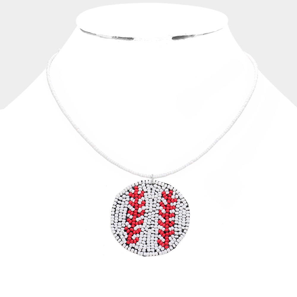 White Felt Back Seed Beaded Baseball Pendant Necklace