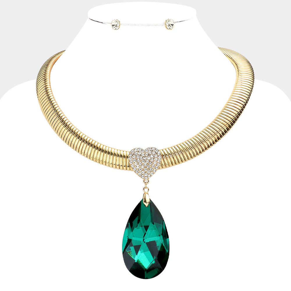 Emerald Rhinestone Pave Heart Teardrop Stone Link Necklace