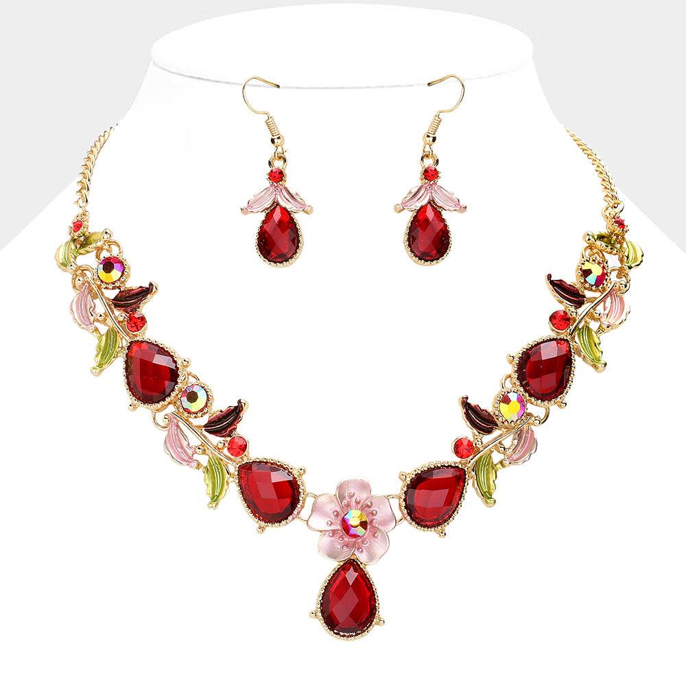 Red Colored Metal Flower Leaf Teardrop Stone Bib Necklace