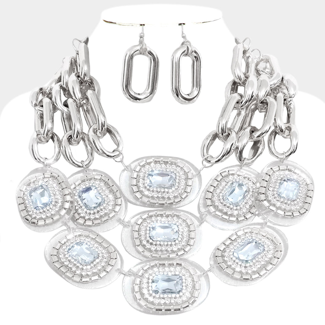 Stone Accented Lucite Link Triple Layered Bib Necklace