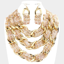 Load image into Gallery viewer, Ivory Tweed Fabric Metal Chain Link Triple Layered Bib Necklace
