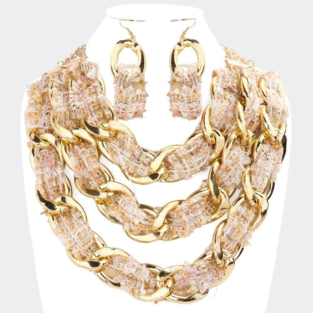 Ivory Tweed Fabric Metal Chain Link Triple Layered Bib Necklace