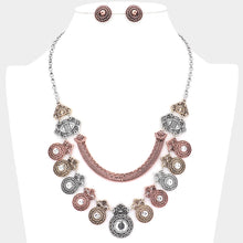 Load image into Gallery viewer, Three Tone Round Stone Centered Antique Metal Link Bib Necklace
