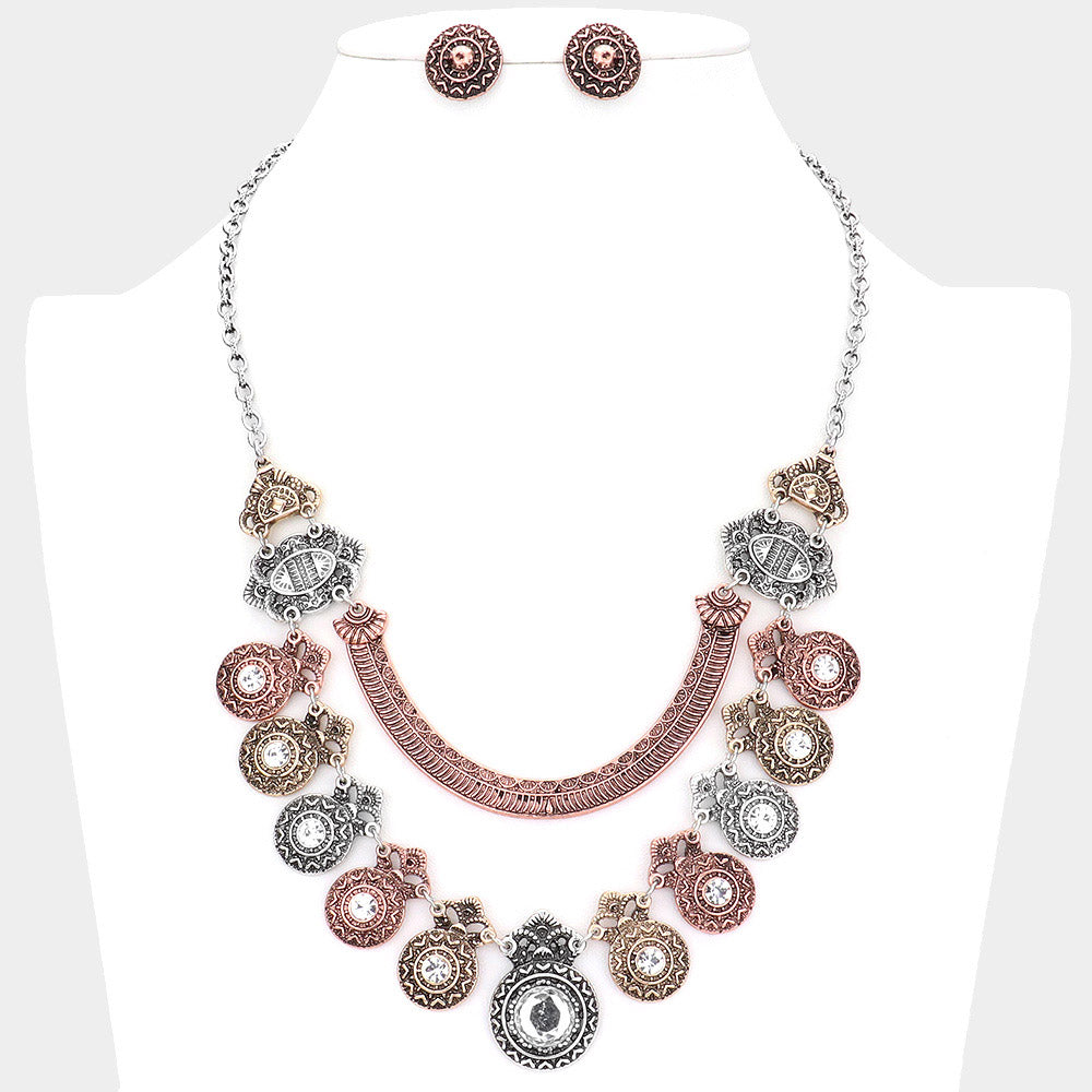 Three Tone Round Stone Centered Antique Metal Link Bib Necklace