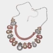 Load image into Gallery viewer, Three Tone Round Stone Centered Antique Metal Link Bib Necklace
