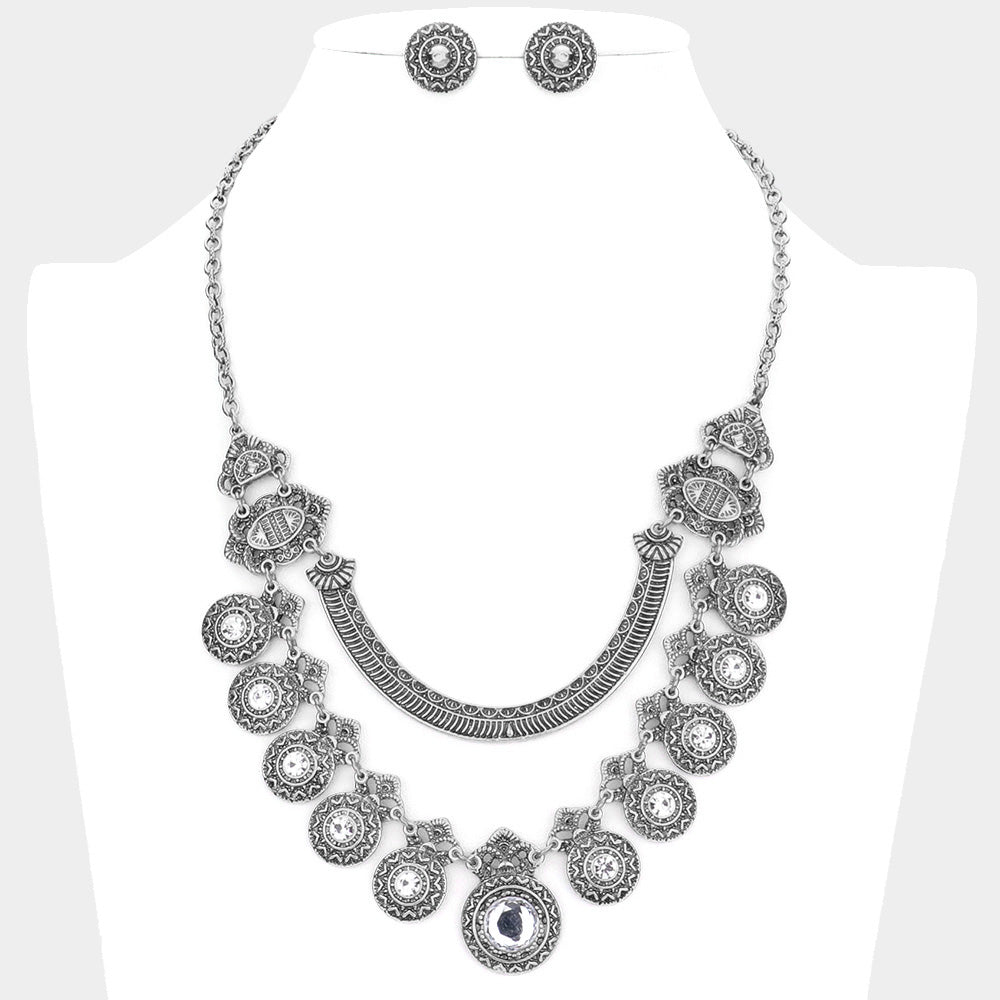 Silver Round Stone Centered Antique Metal Link Bib Necklace