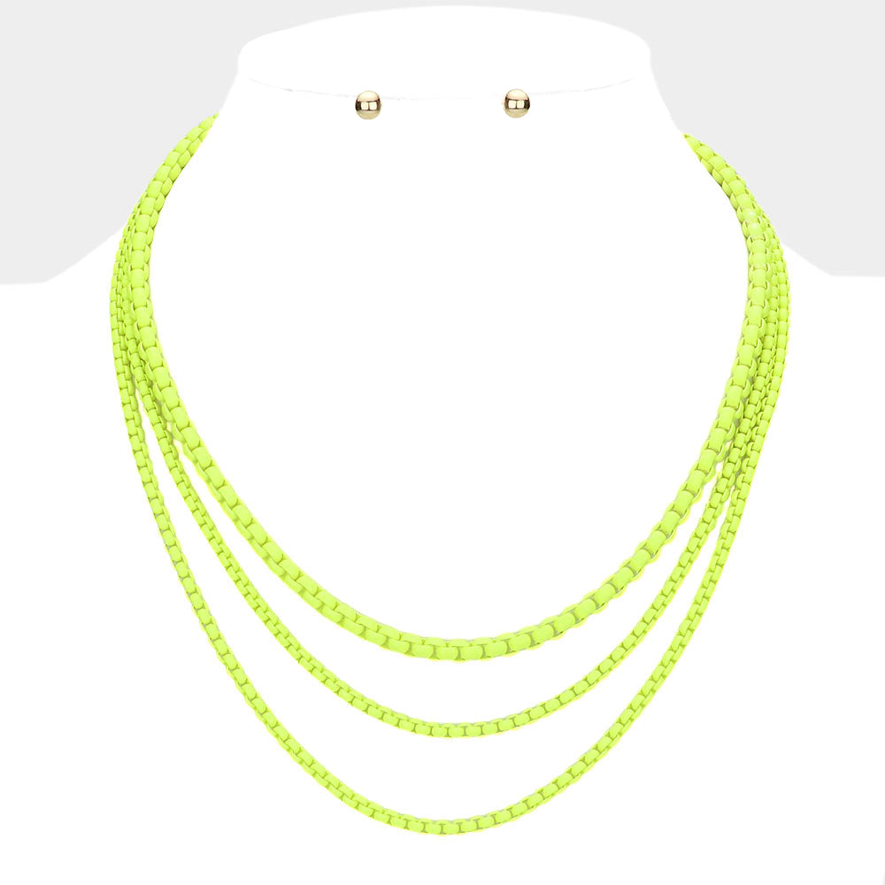 Yellow Colored Metal Chain Triple Layered Bib Necklace