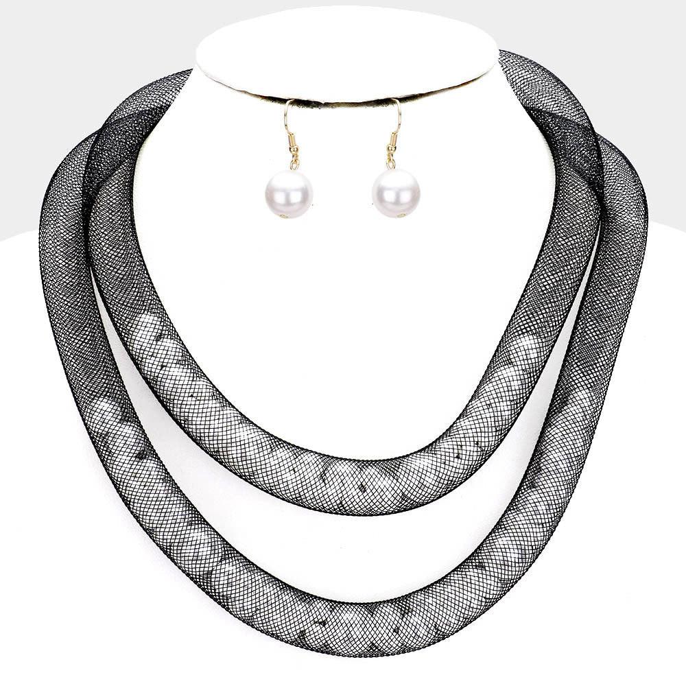 White Double Mesh Tube Pearl Collar Necklace