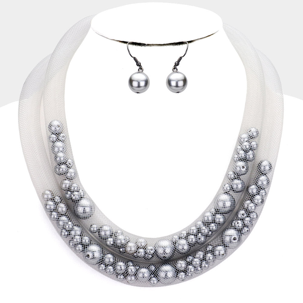 Gray Double Mesh Tube Pearl Collar Necklace