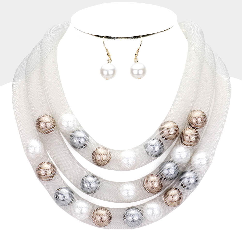 Gray Triple Mesh Tube Pearl Collar Necklace