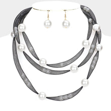 Load image into Gallery viewer, White Pearl Accented Triple Layered Mesh Bib Necklace
