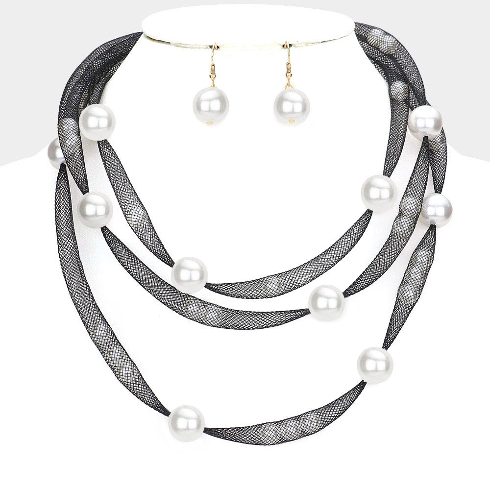 White Pearl Accented Triple Layered Mesh Bib Necklace