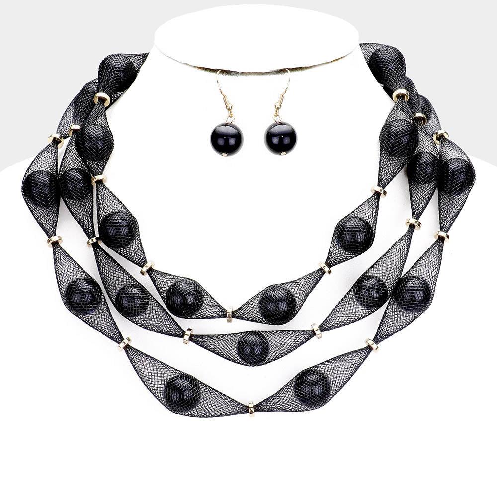 Gold Triple Mesh Tube Pearl Collar Necklace