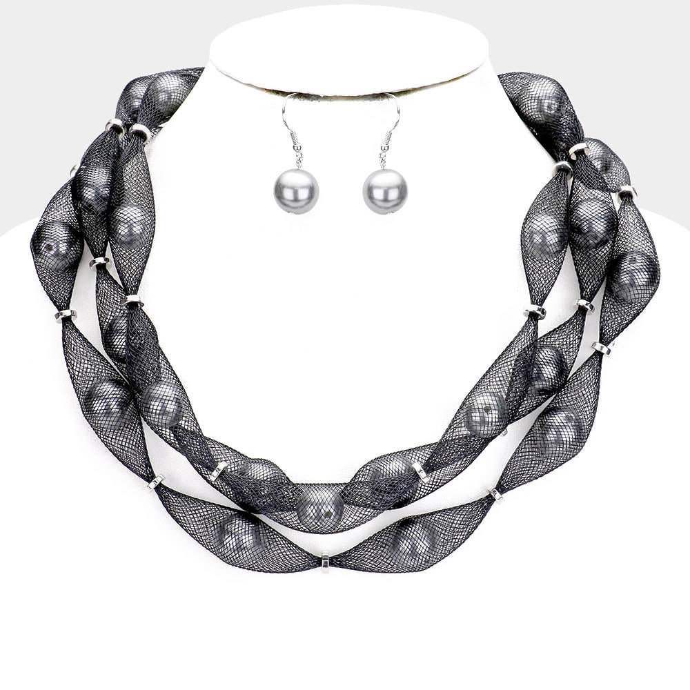 Gray Triple Mesh Tube Pearl Collar Necklace