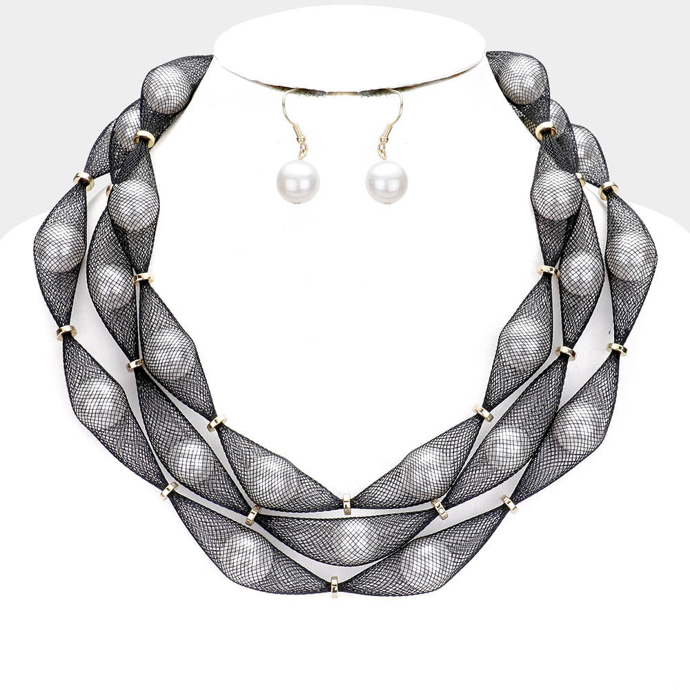 White Triple Mesh Tube Pearl Collar Necklace