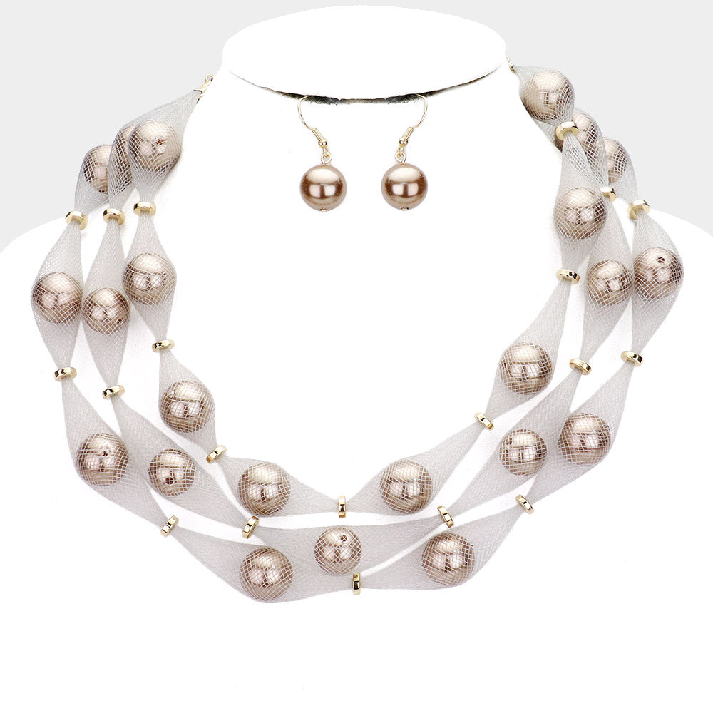 Silver Triple Mesh Tube Pearl Collar Necklace