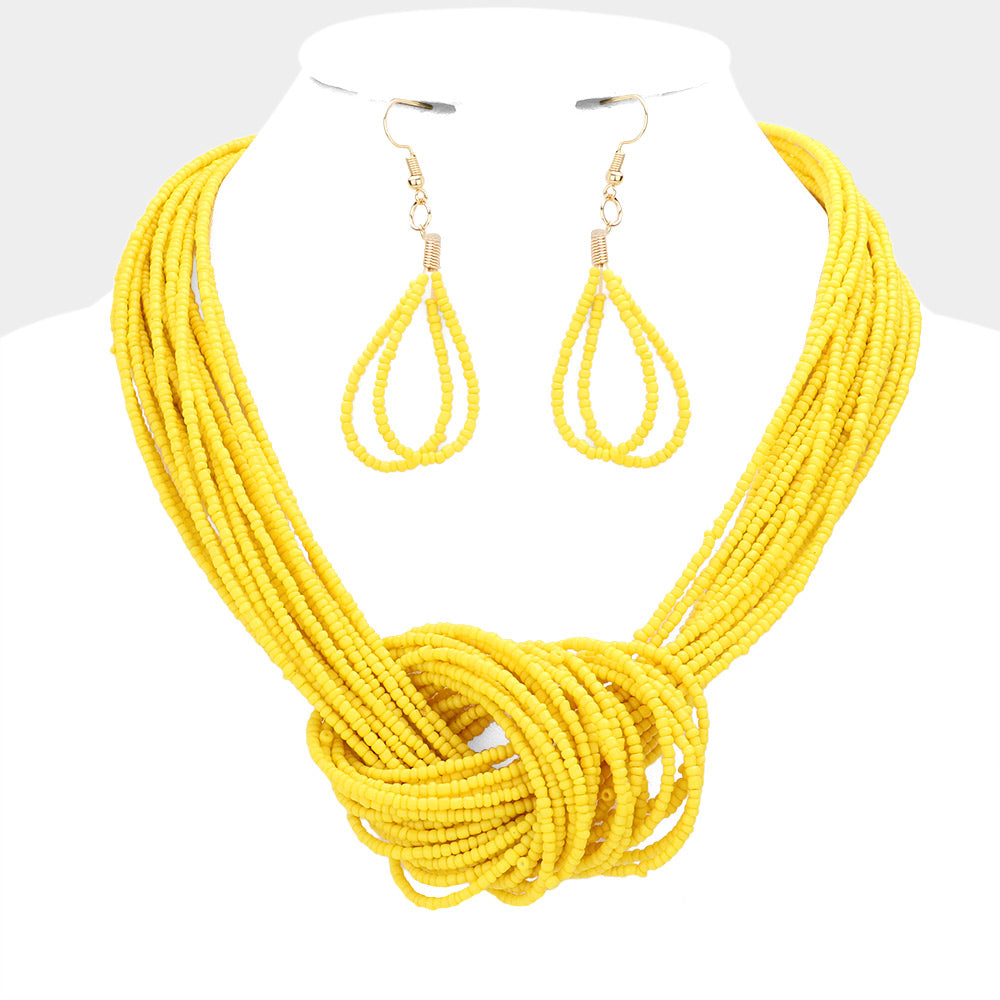 Yellow Seed Beaded Knot Necklace