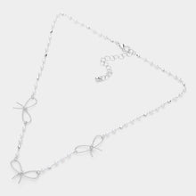 Load image into Gallery viewer, White Textured Metal Wire Bow Pendant Pearl Station Necklace
