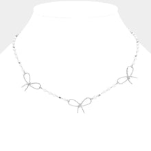 Load image into Gallery viewer, White Textured Metal Wire Bow Pendant Pearl Station Necklace
