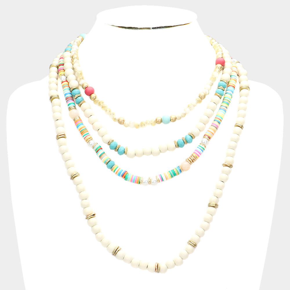 White Multi Layered Wood Heishi Beaded Bib Necklace