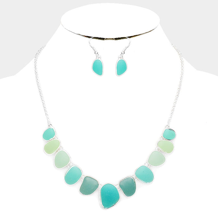 Silver Two Tone Sea Glass Pebble Collar Necklace