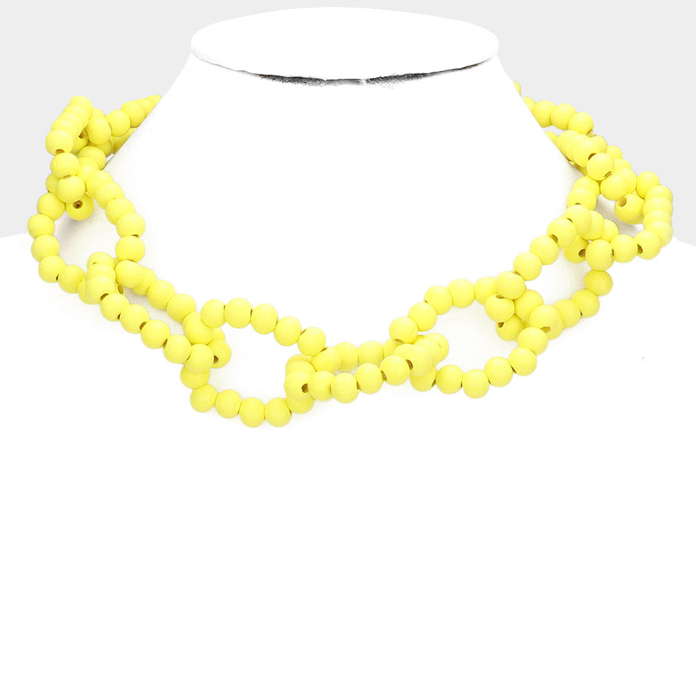 Yellow Wood Beaded Open Oval Link Necklace