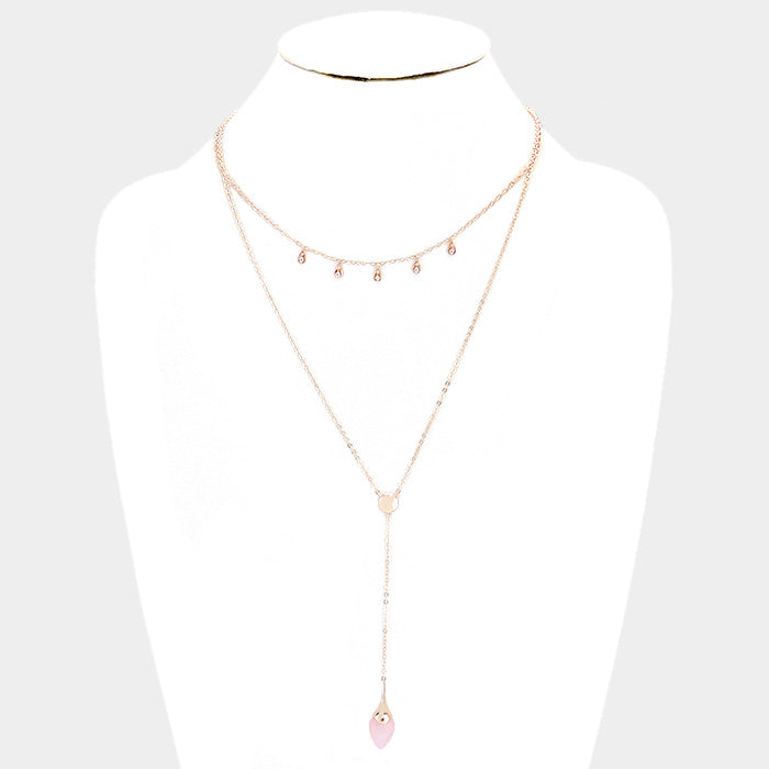 Rose Gold Layered Semi Precious Y Shaped Necklace
