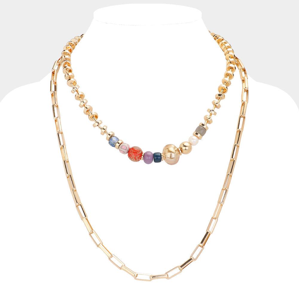 Pearl Multi Bead Accented Double Layered Bib Necklace