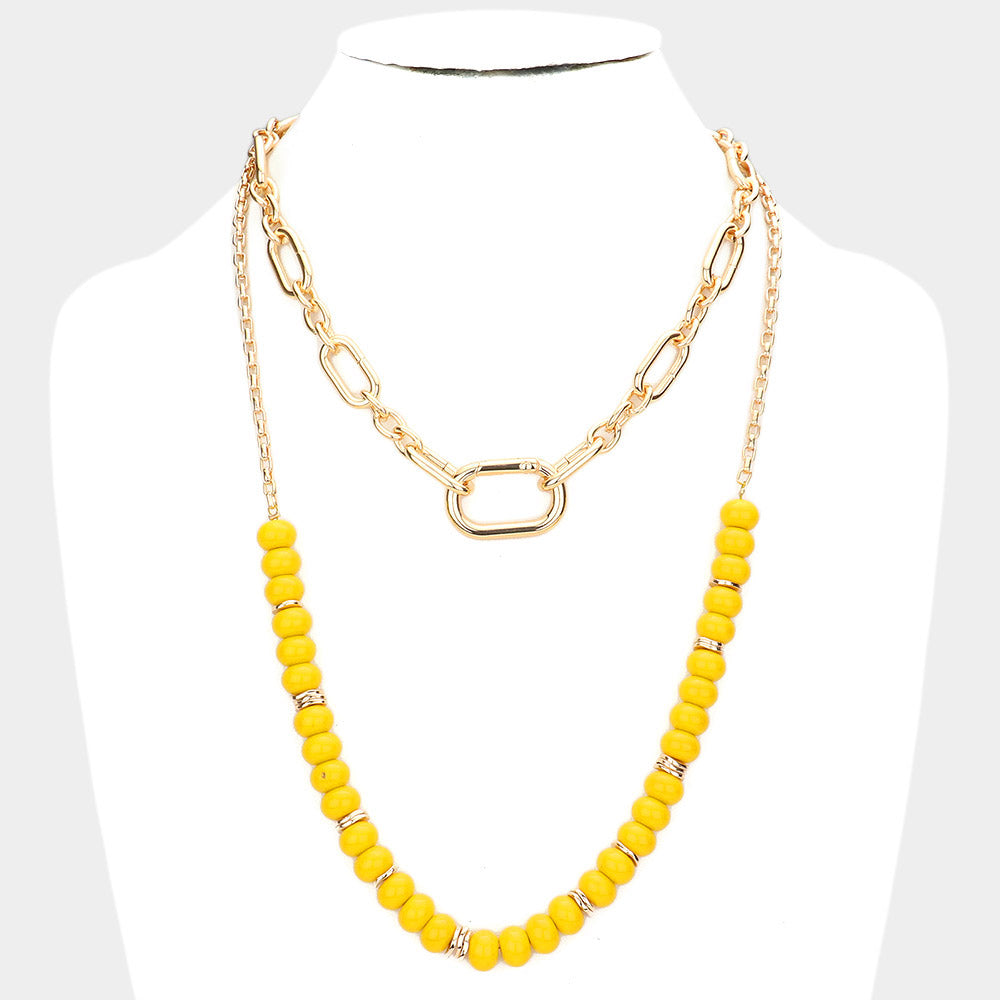 Yellow Open Metal Oval Link Resin Beaded Double Layered Bib Necklace