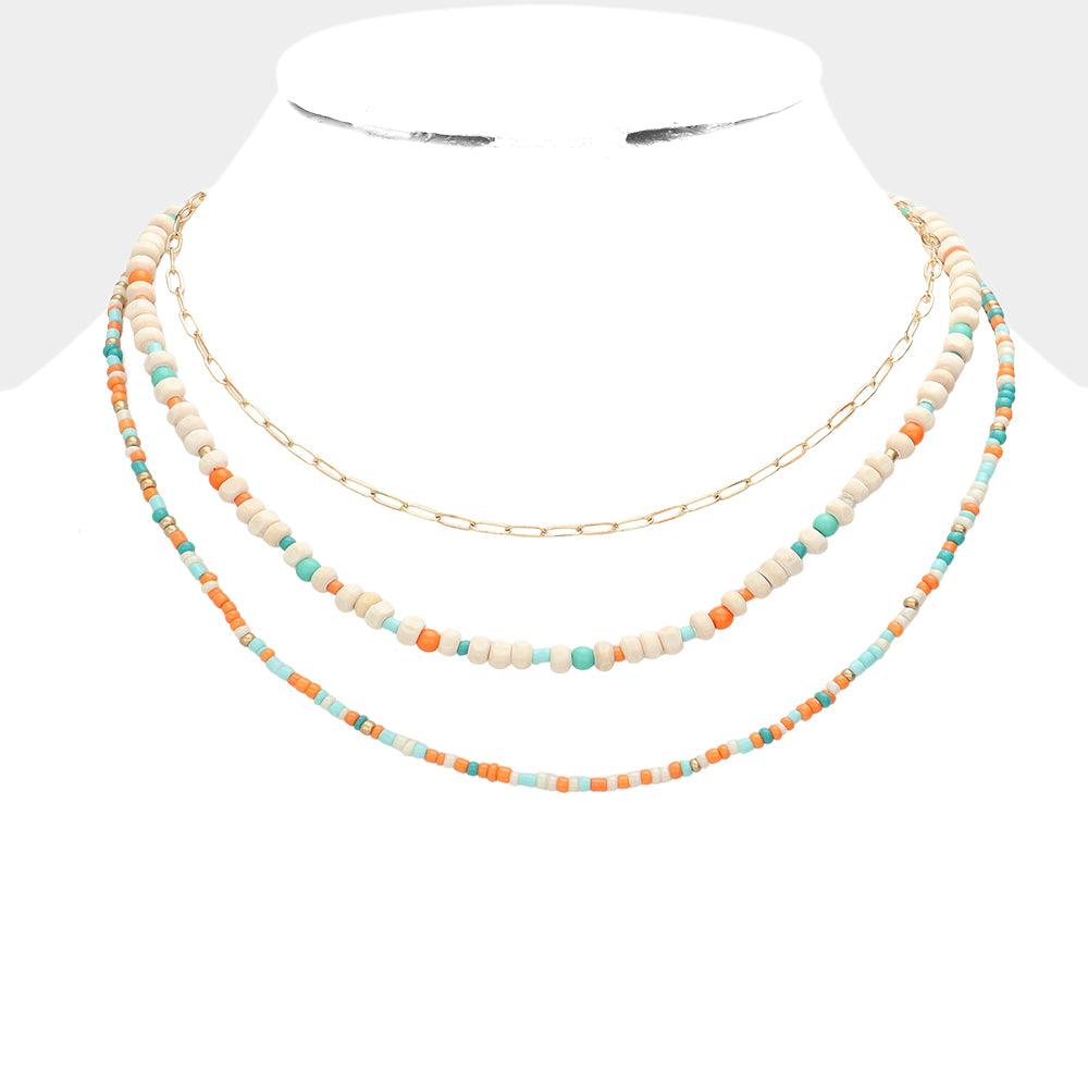 Orange Wood Ball Seed Beaded Triple Layered Bib Necklace