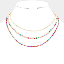 Load image into Gallery viewer, Pink Wood Ball Seed Beaded Triple Layered Bib Necklace
