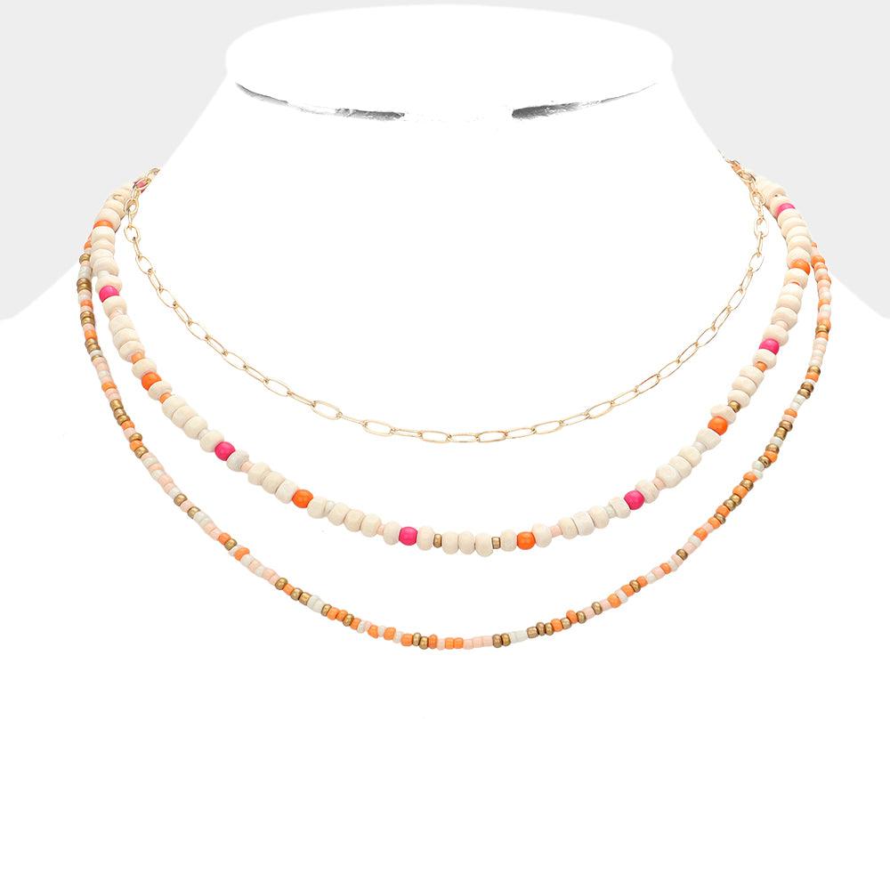 Pink Wood Ball Seed Beaded Triple Layered Bib Necklace