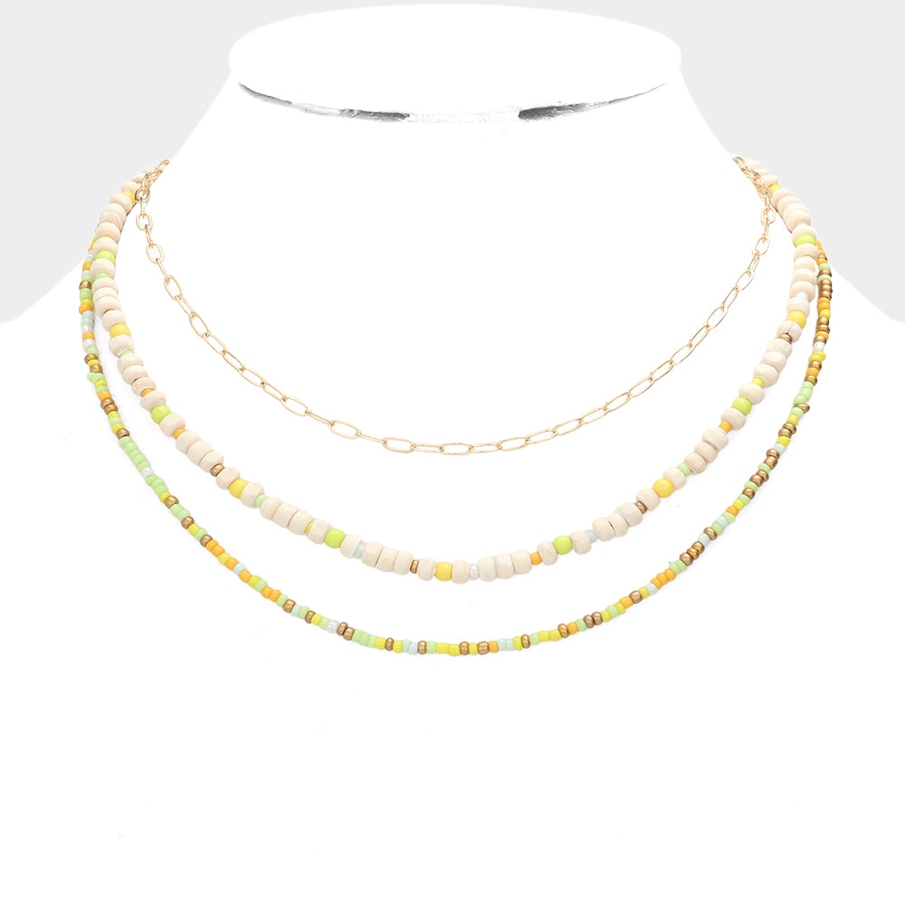 Yellow Wood Ball Seed Beaded Triple Layered Bib Necklace