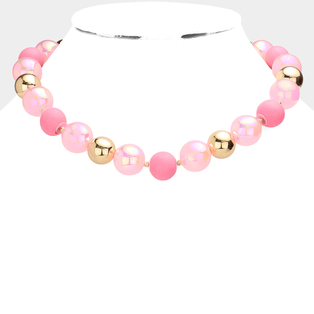 Pink Chunky Glass Metal Ball Beaded Necklace