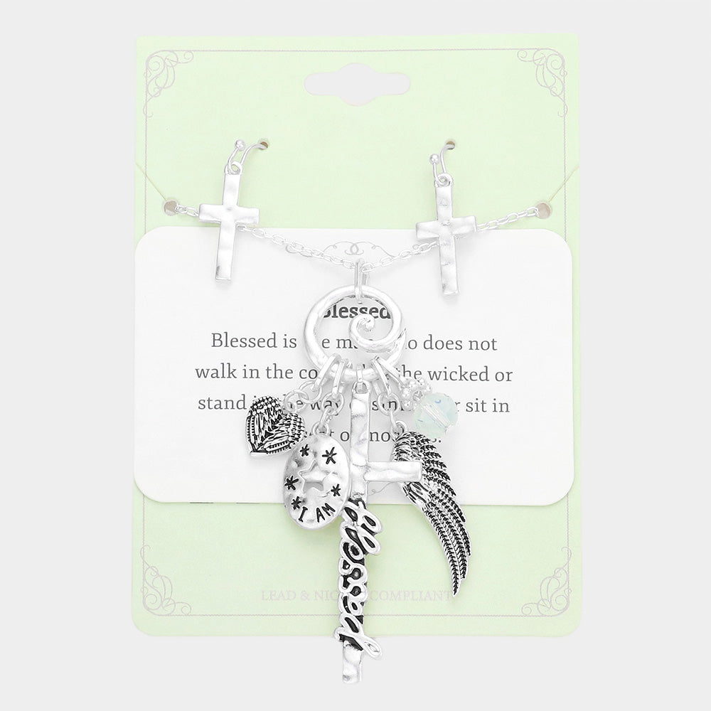 Silver Blessed Message Multi Charm Pendant Necklace