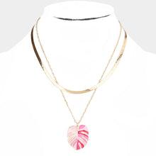 Load image into Gallery viewer, Pink Enamel Tropical Leaf Pendant Double Layered Necklace
