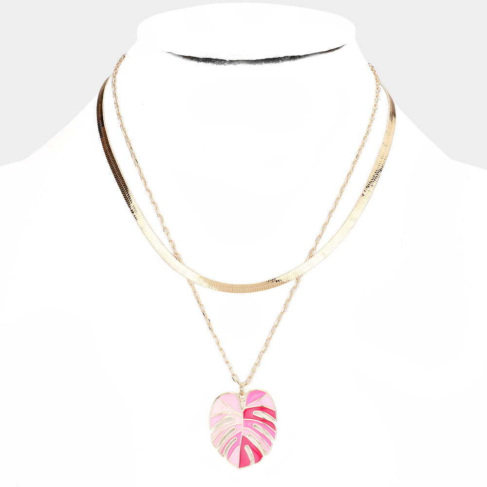 Pink Enamel Tropical Leaf Pendant Double Layered Necklace